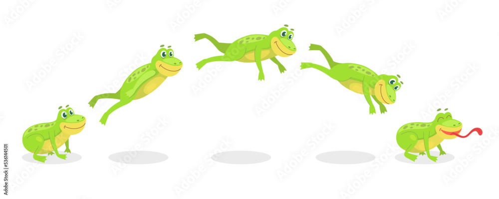 Fototapeta premium Animated jump sequence movement of frog set. Vector illustrations of small wild toad with tongue. Cartoon leap of green frog, funny animal jumping and sitting isolated on white. Movie, motion concept