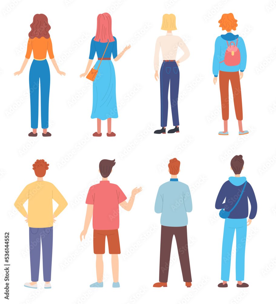 People from behind set. Vector illustrations of adult man and woman back view. Cartoon rear persons in casual clothes standing, waving hand, watching isolated on white. Communication, crowd concept