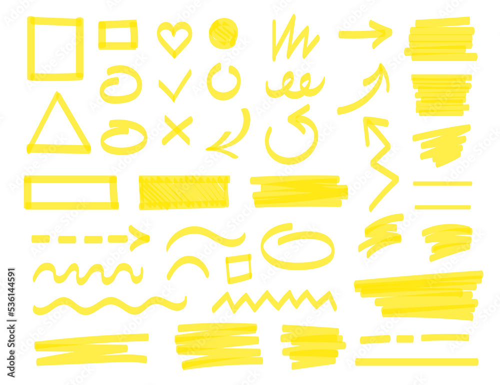 Lines drawn by yellow marker set. Vector illustrations of underline strokes, arrow direction, cross, tick check mark drawing with permanent highlight marker isolated on white. Sketch doodle concept - obrazy, fototapety, plakaty 