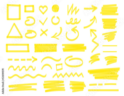 Lines drawn by yellow marker set. Vector illustrations of underline strokes, arrow direction, cross, tick check mark drawing with permanent highlight marker isolated on white. Sketch doodle concept photo