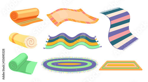 Carpet set for floor decoration. Vector illustrations of round and flying rug, rolled mat for yoga or pilates. Cartoon carpets of different patterns and colors isolated on white. Home interior concept