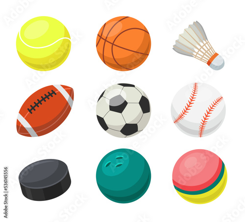 Balls for different team sports flat vector illustrations set. Equipment for different games  football  baseball  basketball  rugby  volleyball  tennis isolated on white background. Sports concept