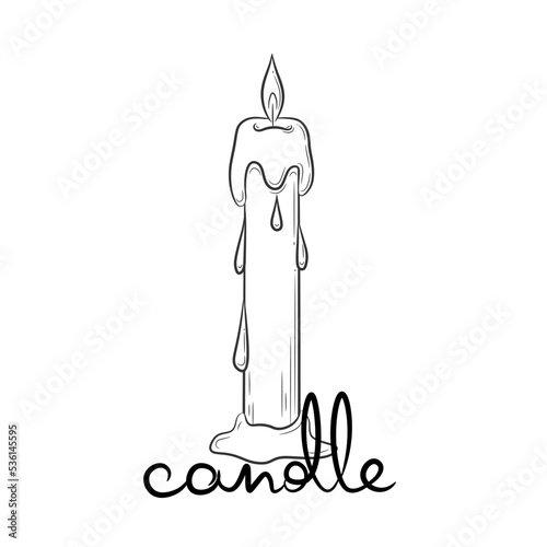 An elongated wax candle and a hand-drawn inscription. Burning candle with melting wax and dripping drops. Sketch in doodle style. Isolated vector illustration with strokes.