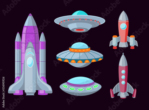 Spaceships cartoon illustration set. Isolated spacecrafts, ufo and rocketships. Flat vector collection for galaxy, futuristic technology, game and space concept
