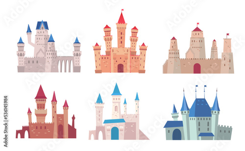 Castles cartoon illustration set. Gothic architecture, fairytale palace and Medieval fortress clipart collection. History, ancient architecture concept