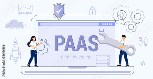 PAAS or platform as service model for software hosting Code line of programming internet application Flexible cloud computing model Optimization of business process for startups Vector illustration