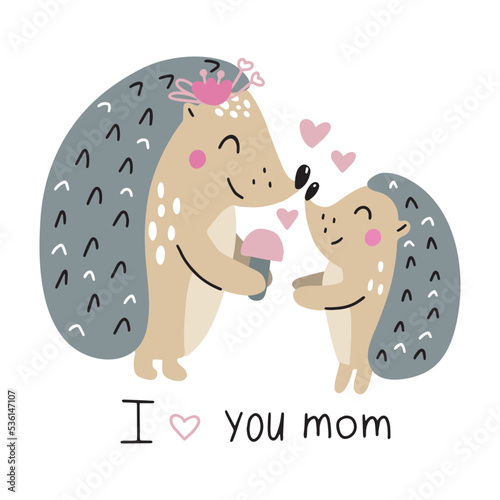 Funny mother hedgehog gives a mushroom to a child. Vector illustration isolated on white background for your design