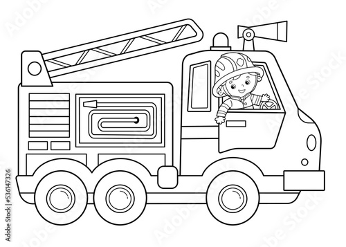 Coloring Page Outline Of cartoon fire truck with fireman or firefighter. Professional transport. Coloring Book for kids.