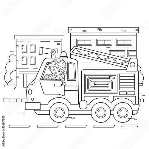 Coloring Page Outline Of cartoon fire truck with fireman or firefighter. Professional transport. Coloring Book for kids.