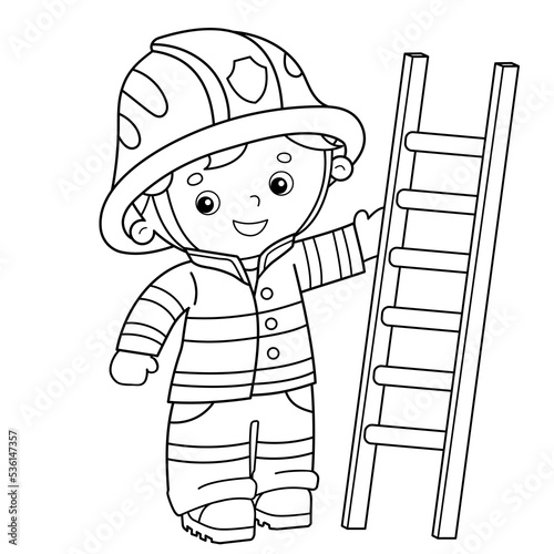 Coloring Page Outline Of cartoon fireman or firefighter with a fire extinguishing ladder. Profession. Coloring Book for kids.