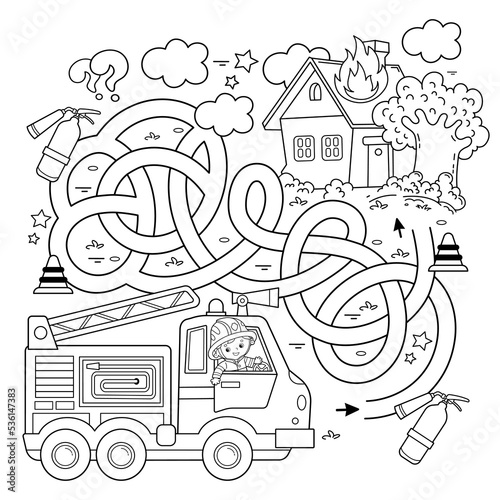 Maze or Labyrinth Game. Puzzle. Tangled road. Coloring Page Outline Of cartoon fireman or firefighter with fire truck. Fire fighting. Coloring book for kids.