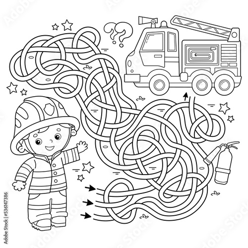 Maze or Labyrinth Game. Puzzle. Tangled road. Coloring Page Outline Of cartoon fireman or firefighter with  fire truck. Coloring book for kids.