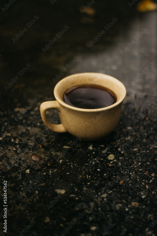 Obraz premium cup of coffee in the morning. espresso coffee. Coffee porridge on a dark background