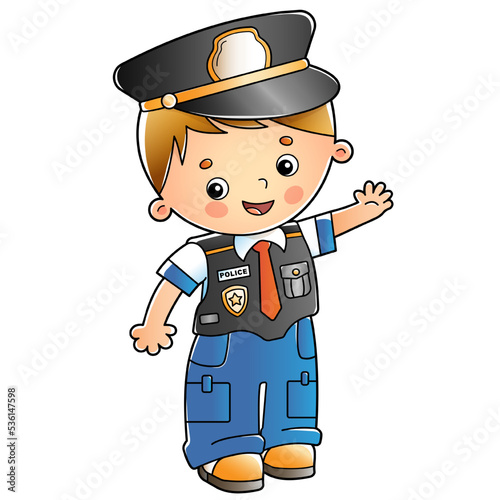 Cartoon policeman. Profession - police. Image of transport or vehicle for children. Colorful vector illustration for kids.