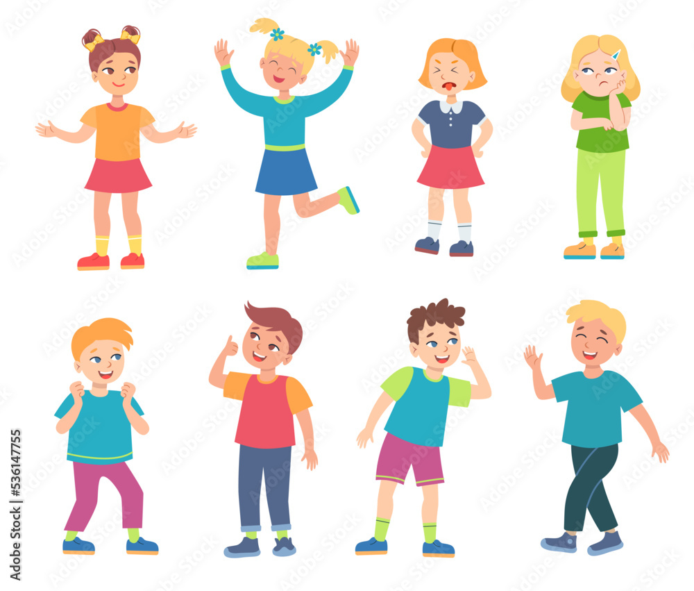 Teen cartoon boys and girls vector illustrations set. Little kids smiling and laughing, characters showing different emotions isolated on white background. Communication, friendship concept