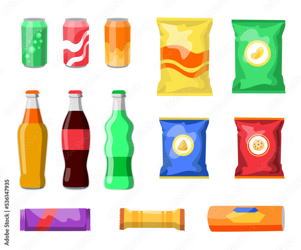 Snacks and drinks flat vector illustrations set. Collection of vending