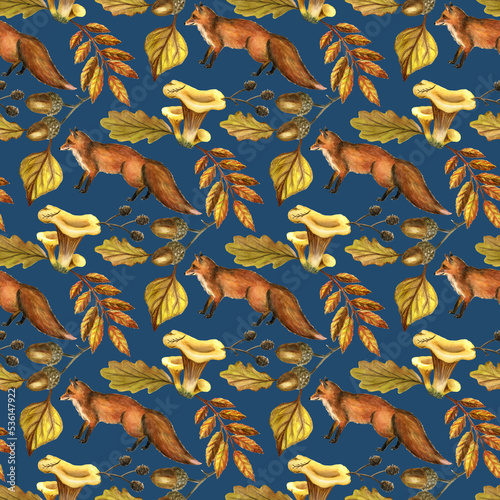 Watercolor seamless pattern, foxes, mushrooms, autumn leaves and acorns.