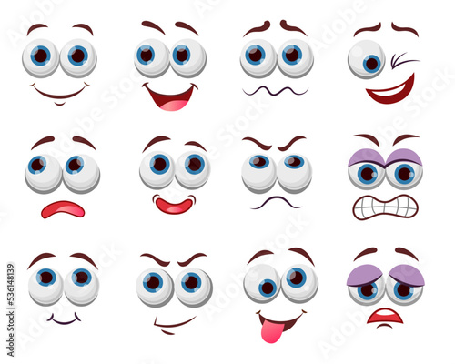 Comic face expressions vector illustrations set. Eyes and mouth of cute, funny or angry cartoon character, emoticon with happy smile drawings isolated on white background. Emotions, avatar concept