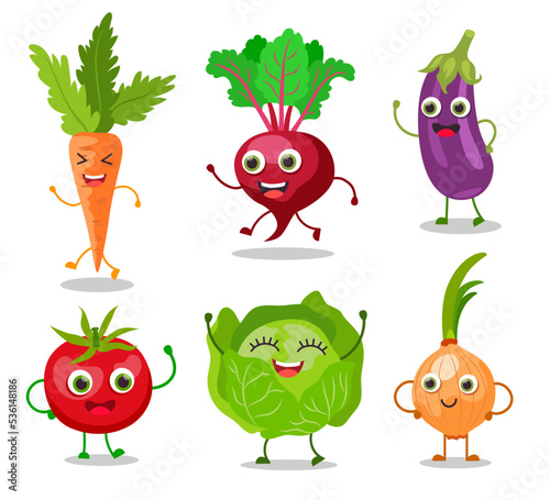 Happy vegetable cartoon characters vector illustrations set. Cute veggies with faces, hands and legs, onion, beet, carrot, cabbage, tomato isolated on white background. Healthy food, garden concept