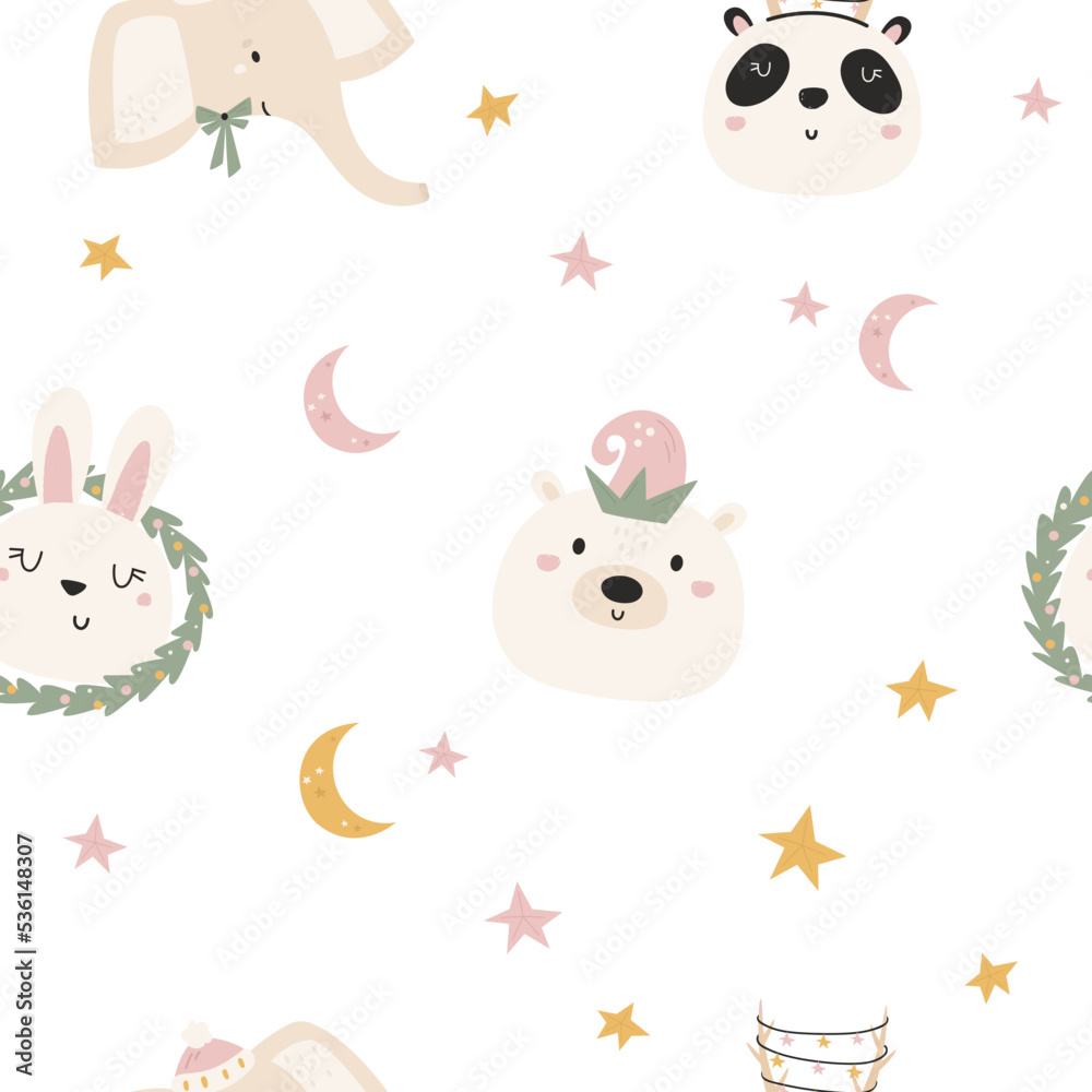 Seamless pattern with cute animals polar bear, rabbit, panda and elephant