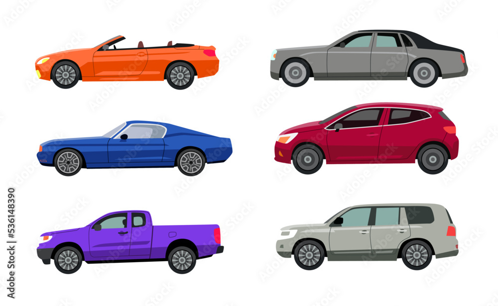 Side view of different car models flat vector illustrations set. Autos of various colors, SUV, hatchback, sedan, pickup, convertible isolated on white background. Transport, transportation concept