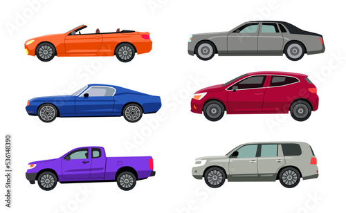 Side view of different car models flat vector illustrations set. Autos of various colors, SUV, hatchback, sedan, pickup, convertible isolated on white background. Transport, transportation concept