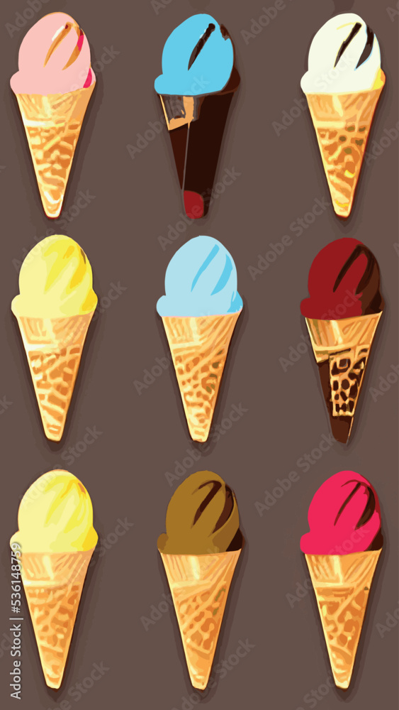 A set of delicious ice cream. Sweet summer treat sundaes, prefabricated insulated ice cream cones and popsicles with different fillings. Vector illustration for web, design, printing.