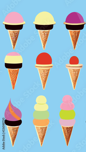A set of delicious ice cream. Sweet summer treat sundaes, prefabricated insulated ice cream cones and popsicles with different fillings. Vector illustration for web, design, printing.