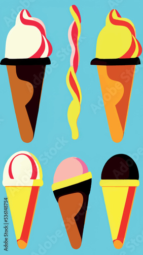 A set of delicious ice cream. Sweet summer treat sundaes, prefabricated insulated ice cream cones and popsicles with different fillings. Vector illustration for web, design, printing.