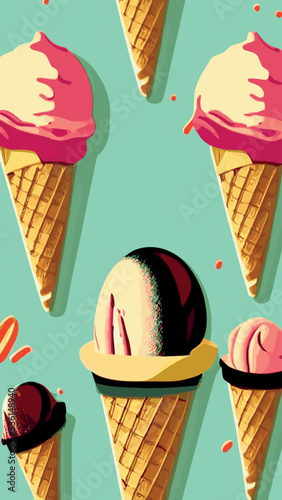 A set of delicious ice cream. Sweet summer treat sundaes, prefabricated insulated ice cream cones and popsicles with different fillings. Vector illustration for web, design, printing.