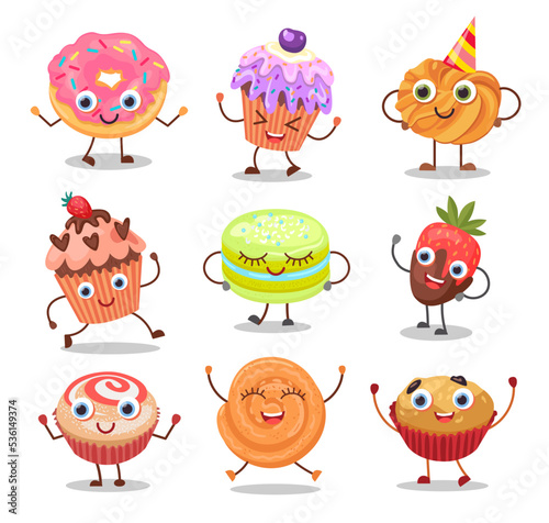 Cartoon cute dessert characters set. Vector illustrations of different sweet food with kawaii face. Funny donut shortbread cookies muffin cupcake with cream isolated on white. Bakery, pastry concept