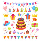 Cute birthday party elements vector illustrations set. Cake, cupcakes, confetti, balloons, paper party hats, flags, candies, gifts for kids isolated on white background. Decoration, birthday concept