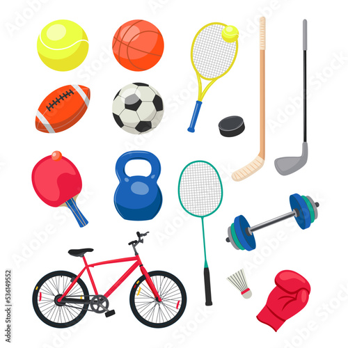 Sports objects or equipment flat vector illustrations set. Tennis, ping pong and badminton rackets, football, shuttlecock, golf stick isolated on white background. Sports, recreation concept