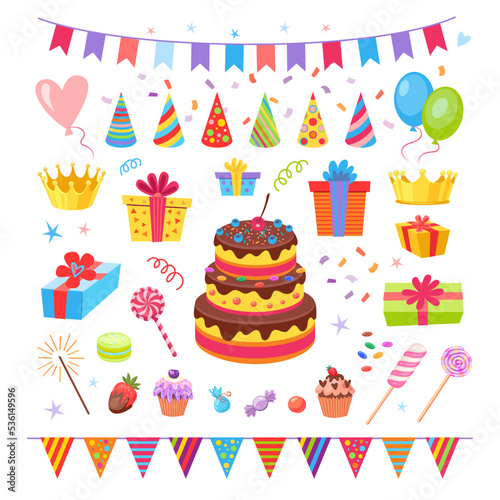 Cute birthday party elements vector illustrations set. Cake  cupcakes  confetti  balloons  paper party hats  flags  candies  gifts for kids isolated on white background. Decoration  birthday concept