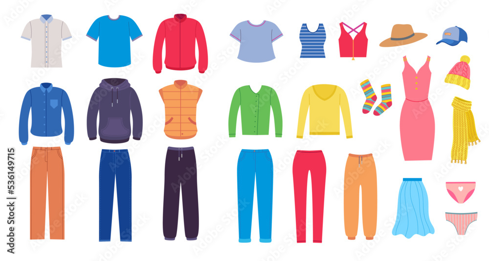 Set of clothes, accessories for man and woman. Vector