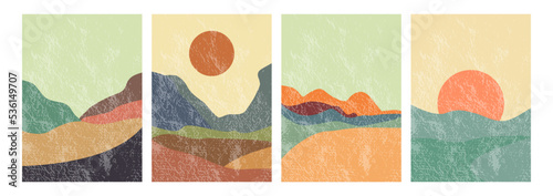 Vector illustration. Posters with views of mountains, hills, sun and moon. Flat abstract design. A set of four illustrations. Perfect for home decor, prints, covers and screensavers.