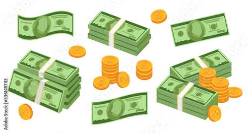 Stacks of dollar bills and gold coins vector illustrations set. Heap of money, piles of cash, currency, green bank notes isolated on white background. Business, finances concept for banner design