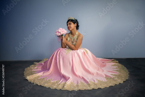 Beautiful woman in dress - princess pink costume. blur background with space for text