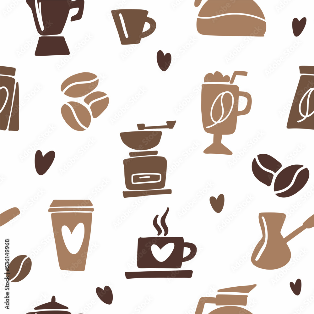 Vector pattern of coffee and coffee drink hand-drawn doodles in Scandinavian style