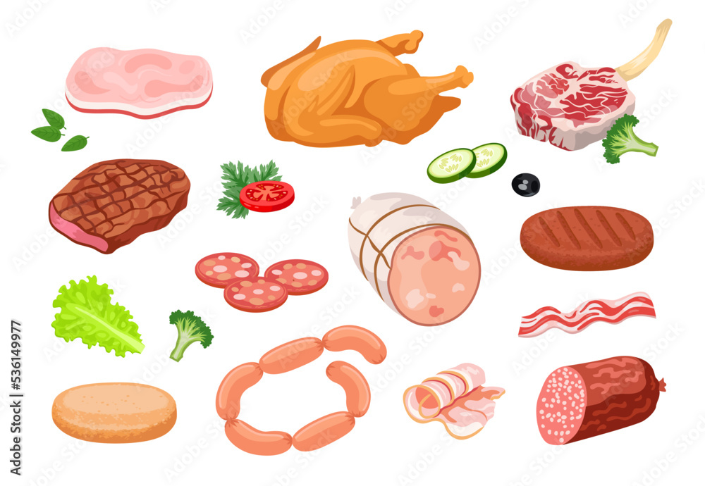 Different meat products cartoon vector illustrations set. Drawings of raw  and roasted animal meat, pork, lamb, ham, salami, bacon, steak, chicken,  sausages isolated on white background. Food concept Stock Vector | Adobe