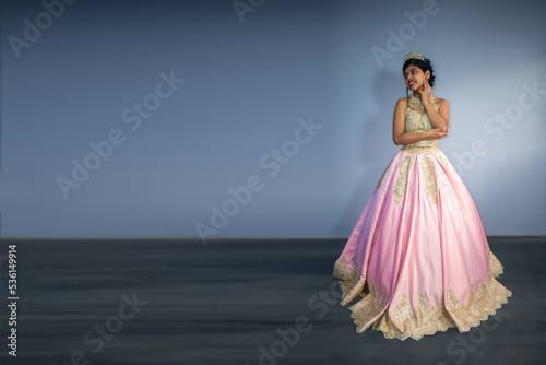 Beautiful woman in dress - princess pink costume. blur background with space for text