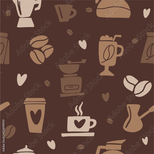 Vector pattern of coffee and coffee drink hand-drawn doodles in Scandinavian style