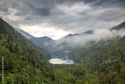 Landscape in caucasus mountains with lake Ritsa