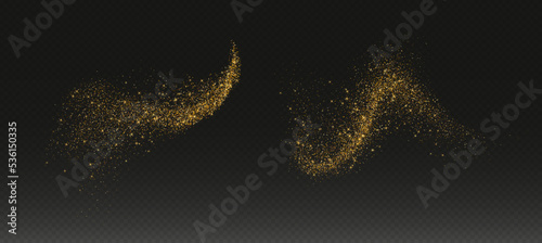 Golden glitter splashes, shiny star dust explosion, shimmer spray effect, festive holiday particles isolated on a dark background. Vector illustration.