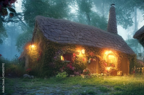 Fantasy cozy fairytale house overgrown with green vegetation with glowing lights hidden in a beautiful forest. Beautiful fairy scene. Photorealistic 3D render