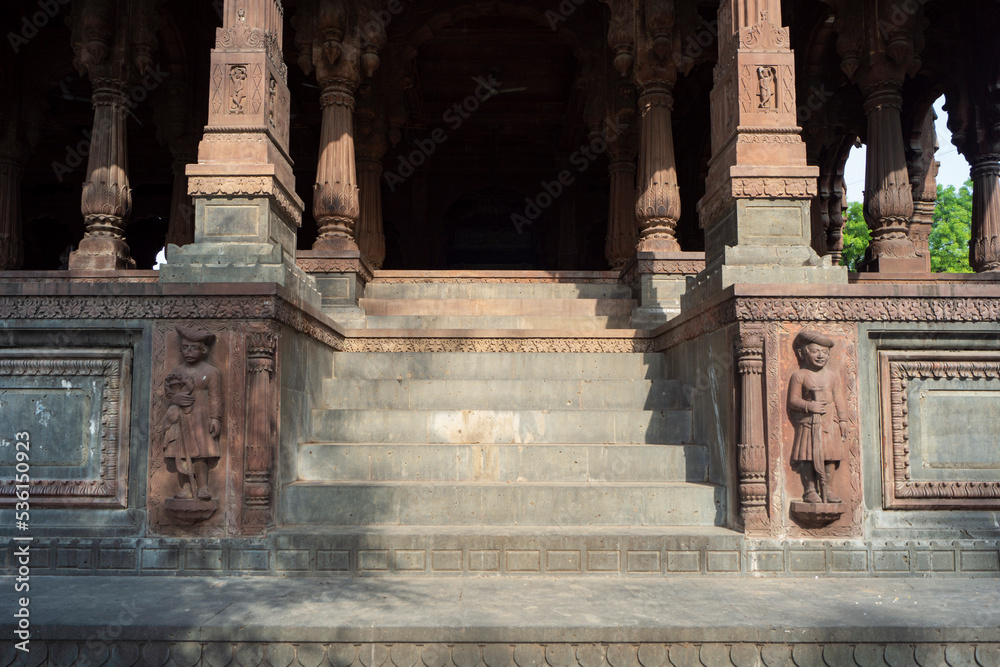 Entrance Stairs welcome sculptures of Krishnapura Chhatri, Indore, Madhya Pradesh. Indian Architecture. Ancient Architecture of Indian temple.