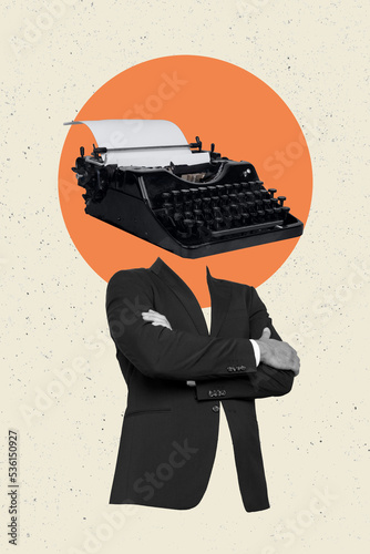 Composite collage image of man wearing classic suit retro vintage typewriter instead head type book script journalist article old fashioned photo