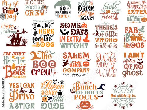 Set of Halloween Quotes Bundle, vector, typography lettering, hats, pumpkin, witch, bat