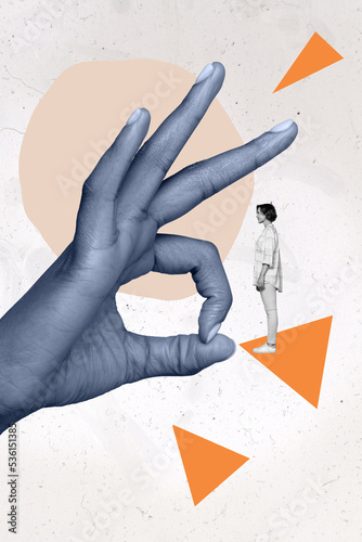 Vertical creative collage image of big hand fingers doing flick little woman bad work condition fired boss employee relationships problem