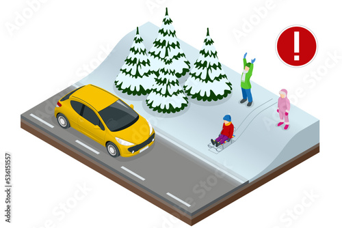 Isometric child on a sled drives out on the road in winter in front of a passing car. Dangerous situation on the road. Attention people on the road.
